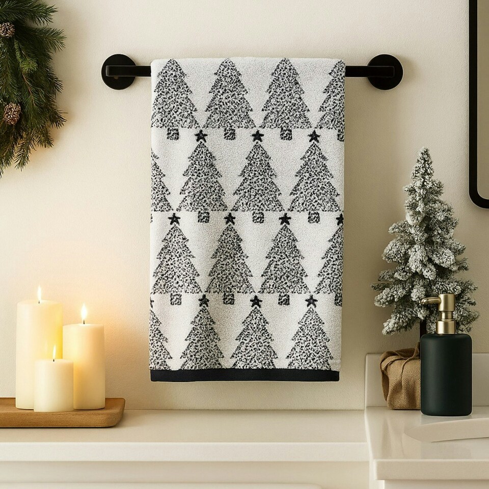 image 1 of Pack of 2 Monochrome Christmas Tree Hand Towels 50 x 80cm - 100% Cotton White | 2 x Christmas Tree Hand Towels (Black & White) | One size