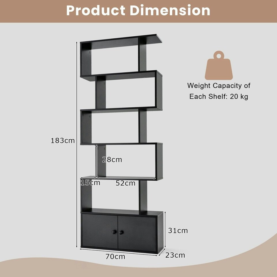 image 1 of COSTWAY 5-tier Bookcase S-Shaped Bookshelf Display Rack Black Black