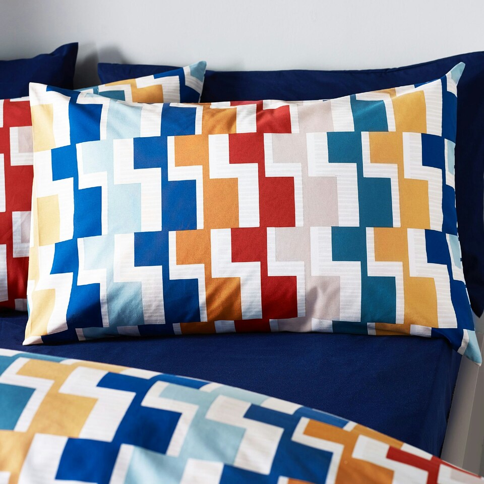 image 1 of Catherine Lansfield Bryson Geo Reversible Duvet Cover Set Brights Blue | Brights | Single