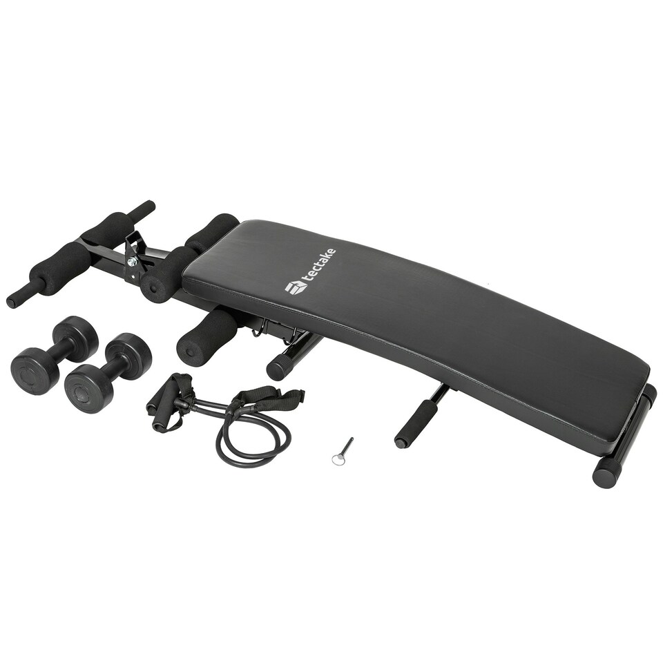 image 1 of Sit-Up Bench Cuttler - 6 positions, padded leg brace, foldable, inc. 2 dumbbells and elastic bands