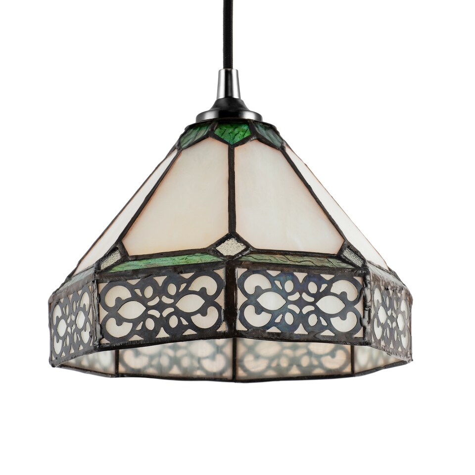 image 1 of Classic 1920s Shabby Chic Pendant Light Shade with Metal Scrollwork Decoration | Green