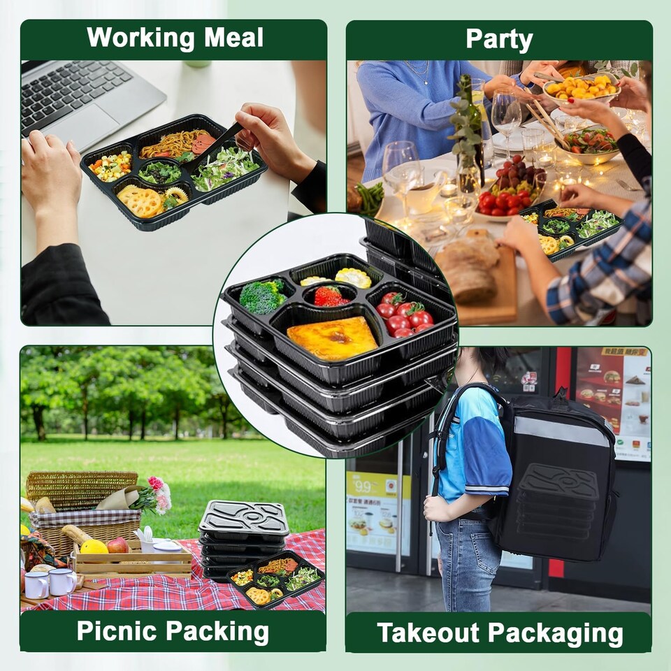 image 1 of 5 Compartment Black Meal Prep Containers With Lid Plastic Microwave Safe Food Storage Box 30pc