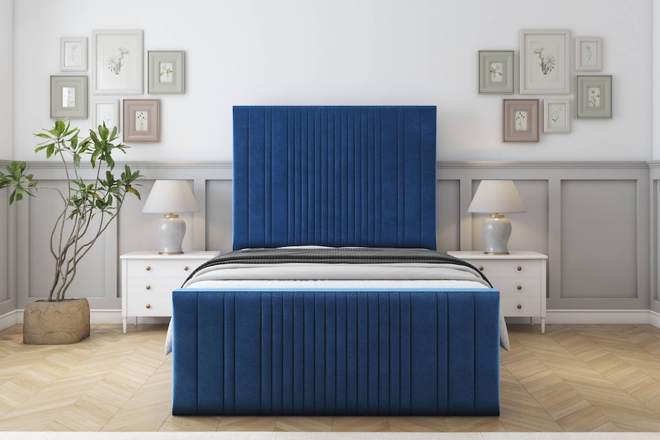 image 1 of Sloomy Kingsley Navy Plush Bed Frame With 50" Upholstered Headboard 3' Single