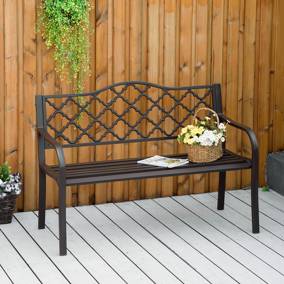 image 1 of Outsunny Outdoor 2 Seater Garden Bench, Antique Style Cast Iron Loveseat with Armrest, Brown