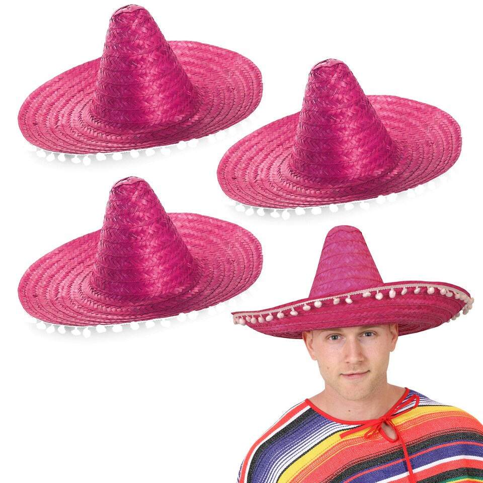 image 1 of Pink Mexican Sombrero – Fancy Dress Fiesta Hat with Pom-Pom Trim Pink | 3
