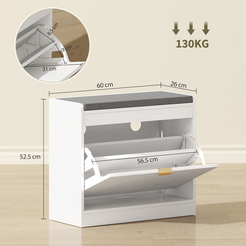 image 1 of HOMCOM Shoe Bench with 1 Flip Drawer, Cushion, 5 Pairs for Entryway White
