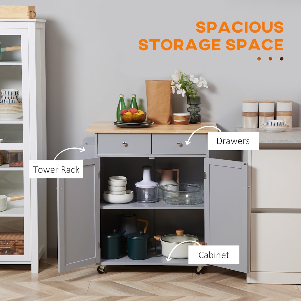 image 1 of HOMCOM Rolling Kitchen Island on Wheels, Utility Serving Cart with Rubber Wood Top, Towel Rack, Hooks and Storage Drawers, Grey