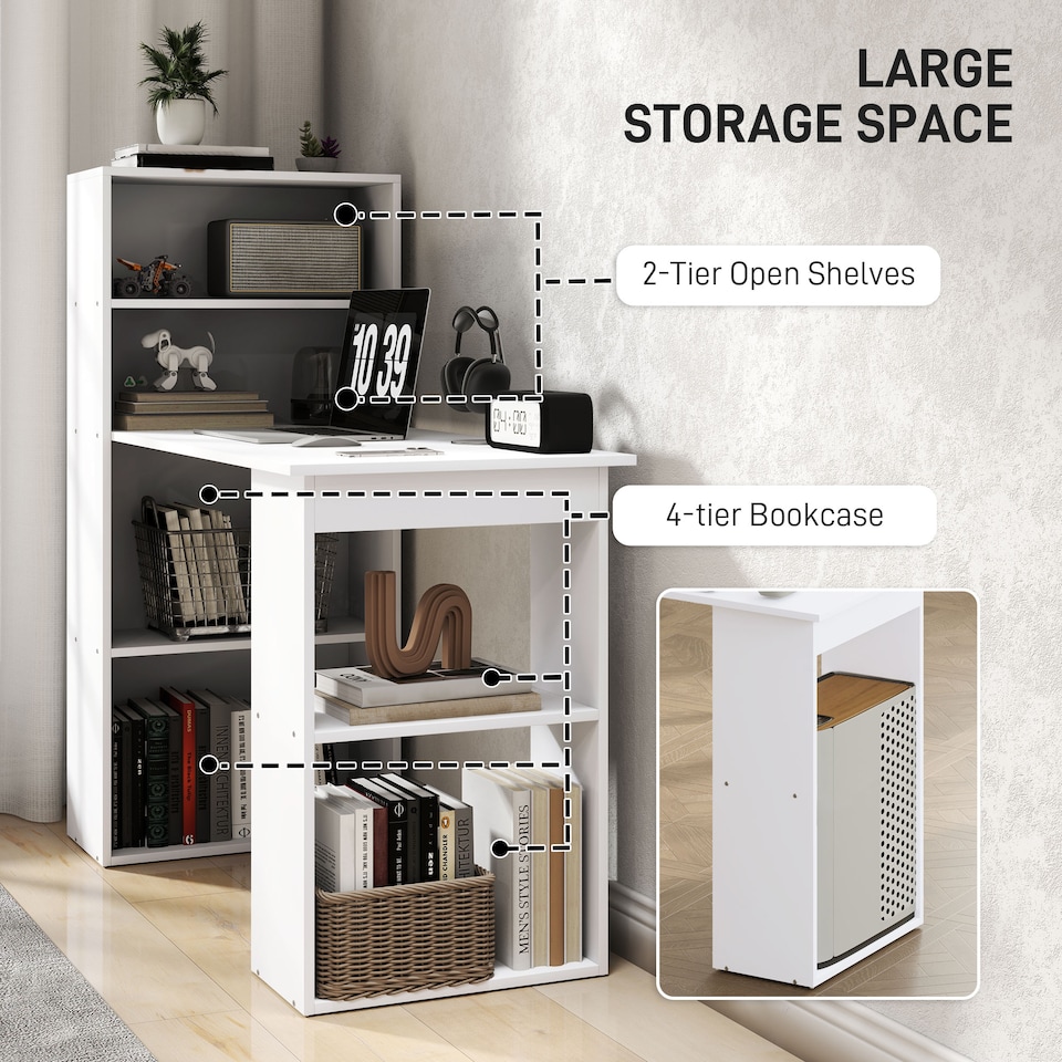 image 1 of HOMCOM 120cm Computer Desk, Wooden PC Laptop Table with 6-Tier Storage Bookshelves, Home Office Working Study Desk, Writing Workstation, White