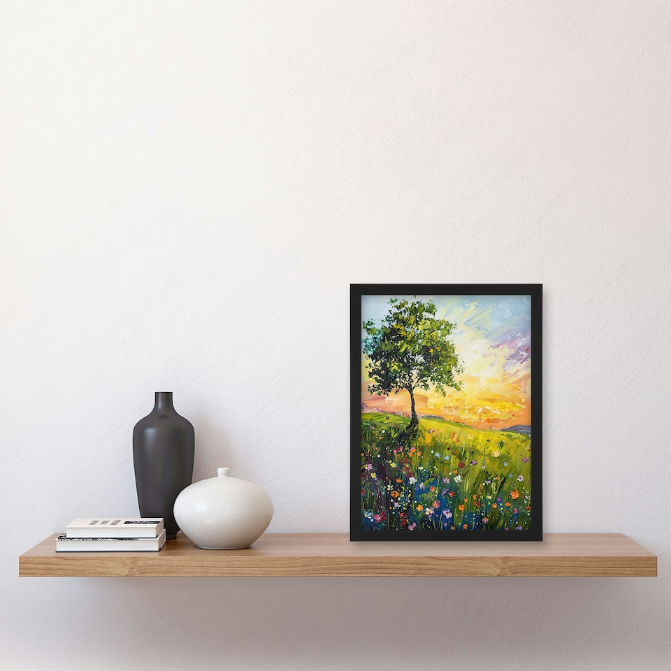 image 1 of Tree Wildflower Meadow At Sunrise Oil Living Room Black Framed Wall Art Print A4