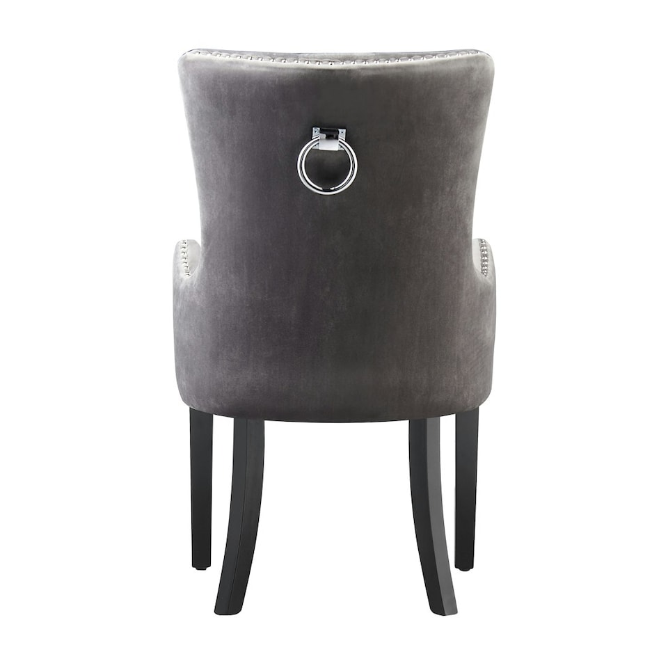 image 1 of Set of 2 Velvet Dining Chairs with Armrest, Ergonomic Scoop Knockerback & Button Tufted Wood Legs | Grey | Dark Grey