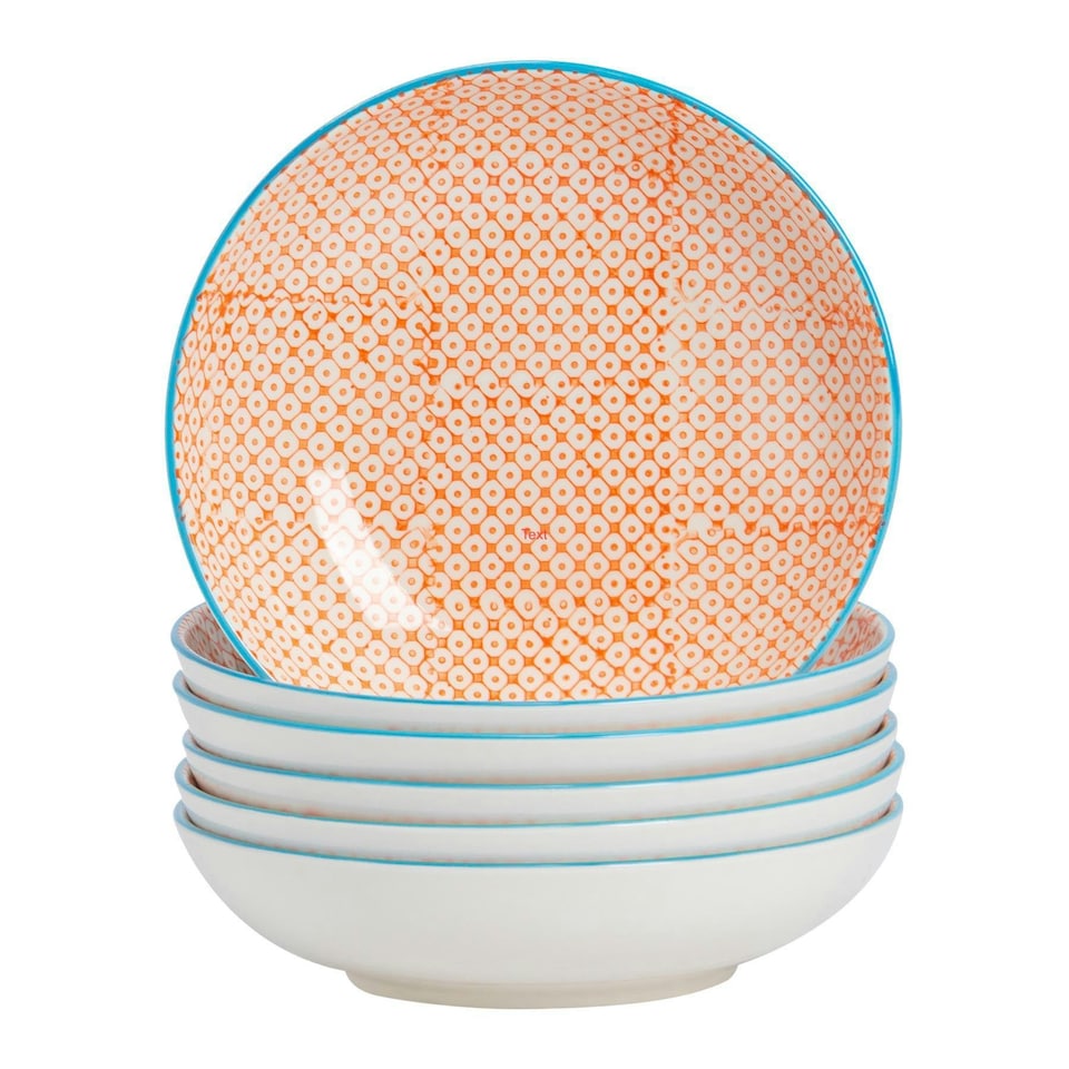 image 1 of Nicola Spring Hand-Printed Pasta Bowls - 22cm - Orange - Pack of 6 Multi