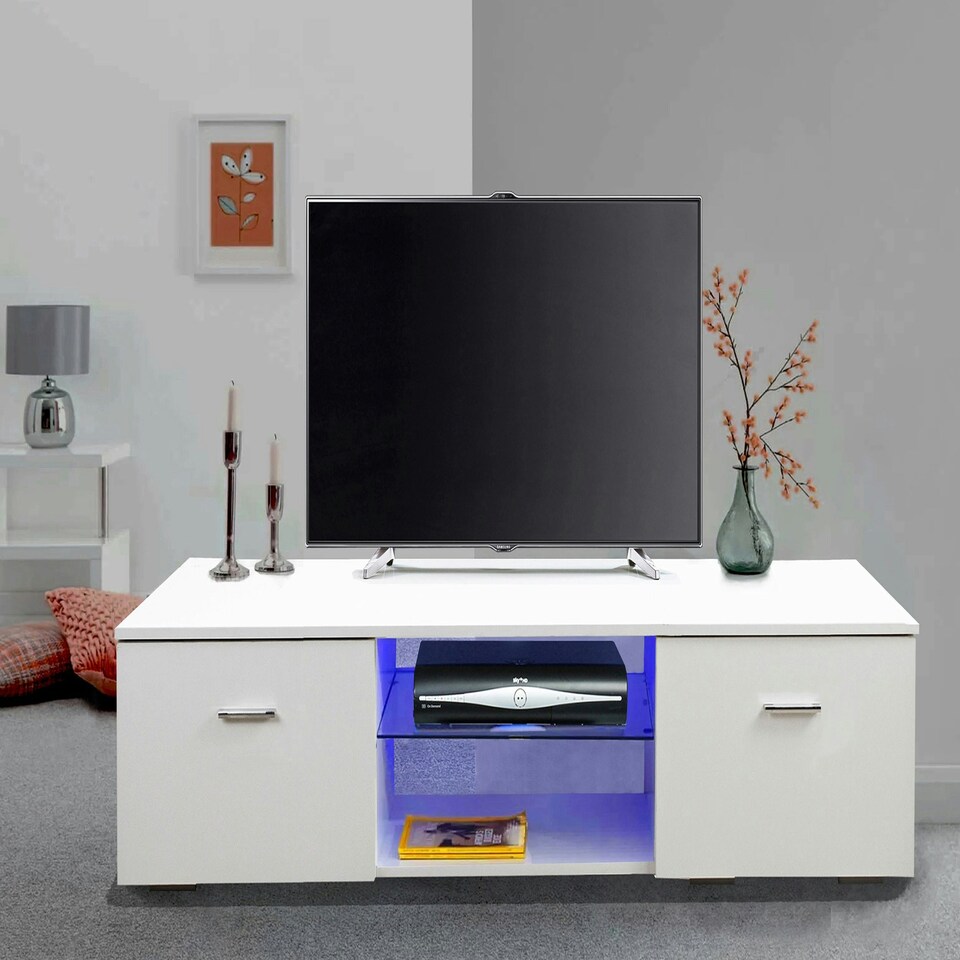 image 1 of MDA Designs Auriga White Modern TV Cabinet for Flat TV Screens of up to 65" Entertainment Unit with Shelves and Built-in Blue LED Lights White