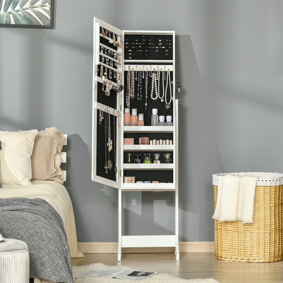 image 1 of HOMCOM Mirrored Jewellery Cabinet Lockable Jewellery Organiser for Bedroom White