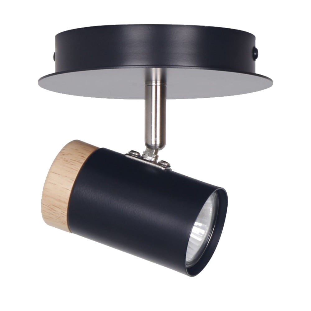 First Choice Lighting Stratton - Black with Wood Detail Single Spotlight