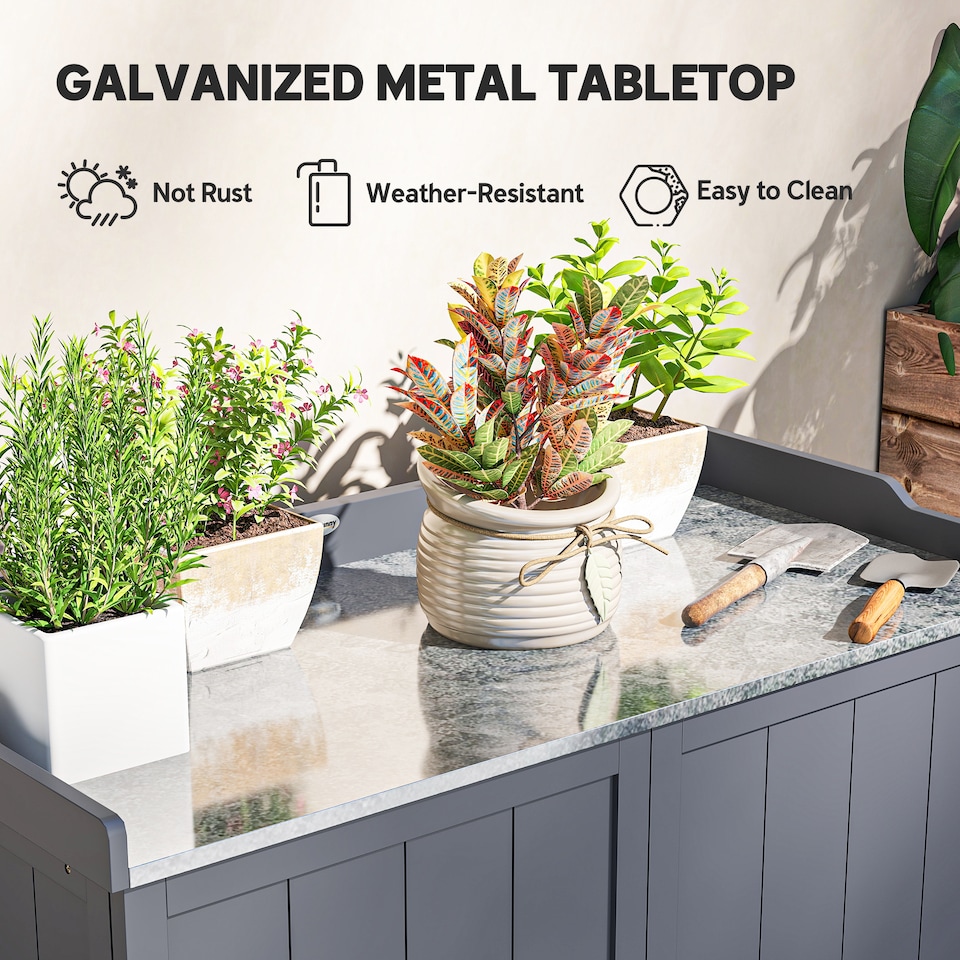 image 1 of Outsunny Garden Storage Cabinet Potting Bench Table with Galvanized Top, Grey | Grey