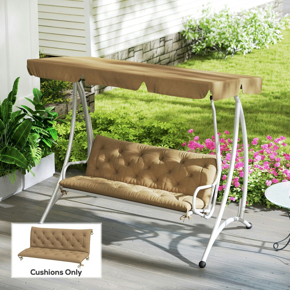 image 1 of Outsunny 3 Seater Garden Bench Cushion Outdoor Seat Pad w/ Ties Khaki 