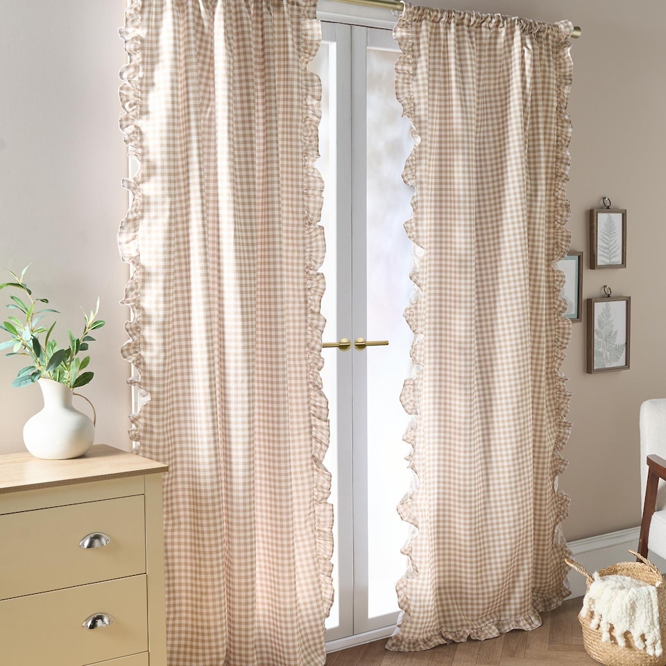 image 1 of OHS Gingham Frill Voile Net Curtain Pair Window Panels Slot Top Set | Brown | Natural | One Size