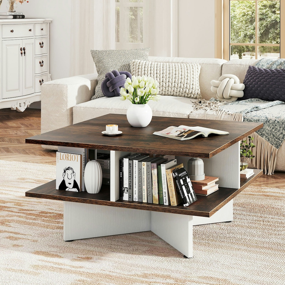image 1 of COSTWAY 2-Tier Square Coffee Table 60cm Center Table Brown