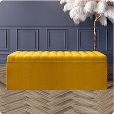 120cm Safar Large Striped Storage Ottoman Box, Mustard Gold Plush Velvet Upholstered Deep Storage Ottoman End of Bed Bench
