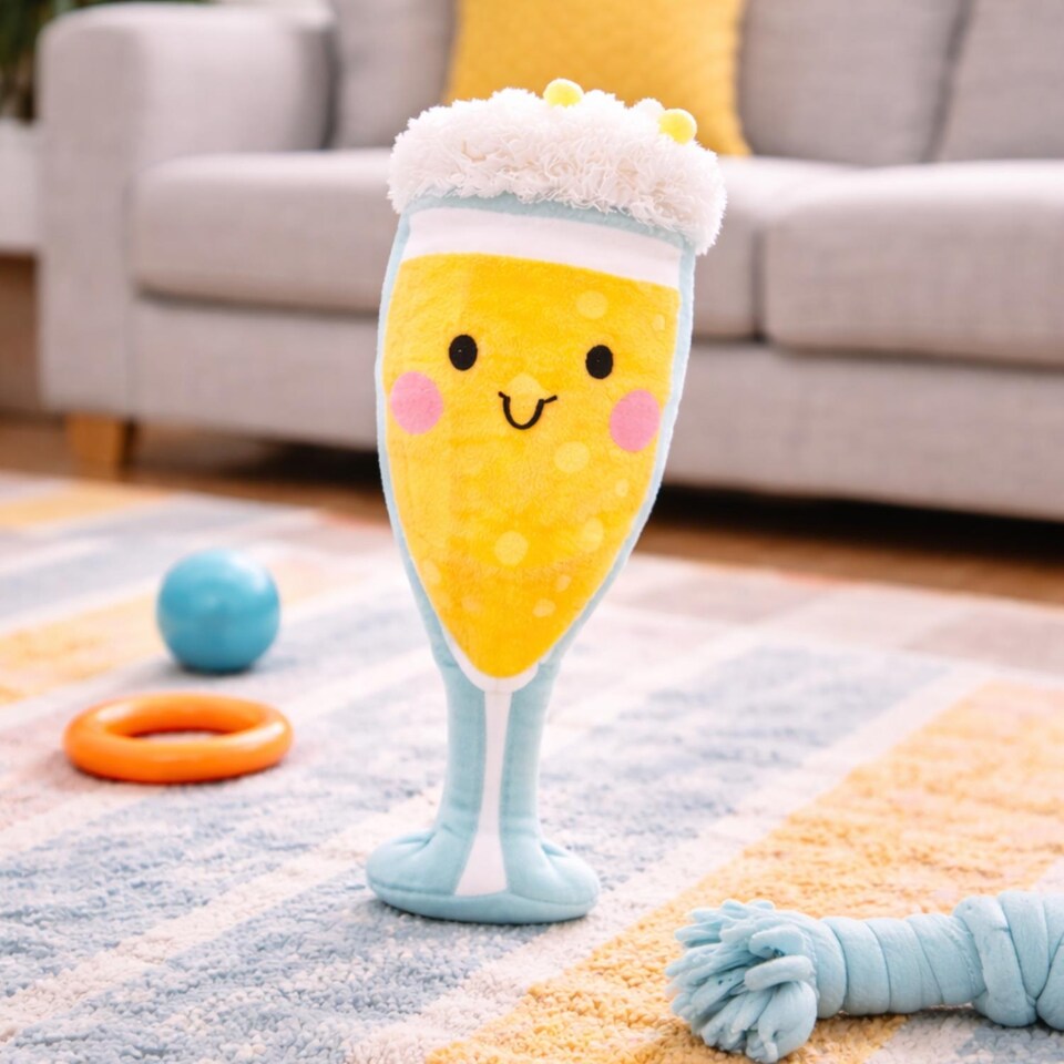 image 1 of Squeaky Plush Dog Toy Summer Prosecco Drinks Design Pet Puppy Chew Fetch
