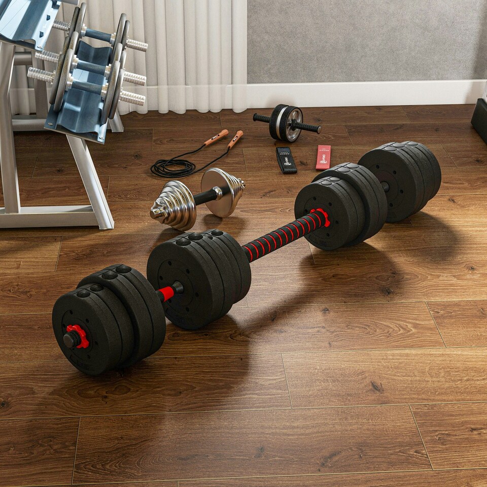 image 1 of HOMCOM 30kg Adjustable 2 IN 1 Barbell Dumbbells Weight Set for Body Fitness