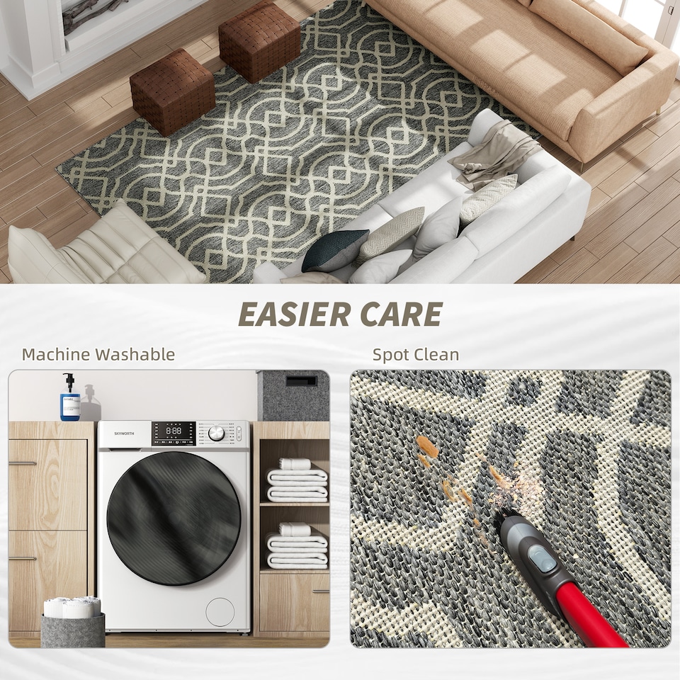 image 1 of HOMCOM UV Resistant Area Rug, Easy-Clean Machine Washable Indoor & Outdoor Rug with Geometric Pattern for Kitchen, Bathroom, Living Room, Patio, Garden, 230 160 cm, Grey | Grey