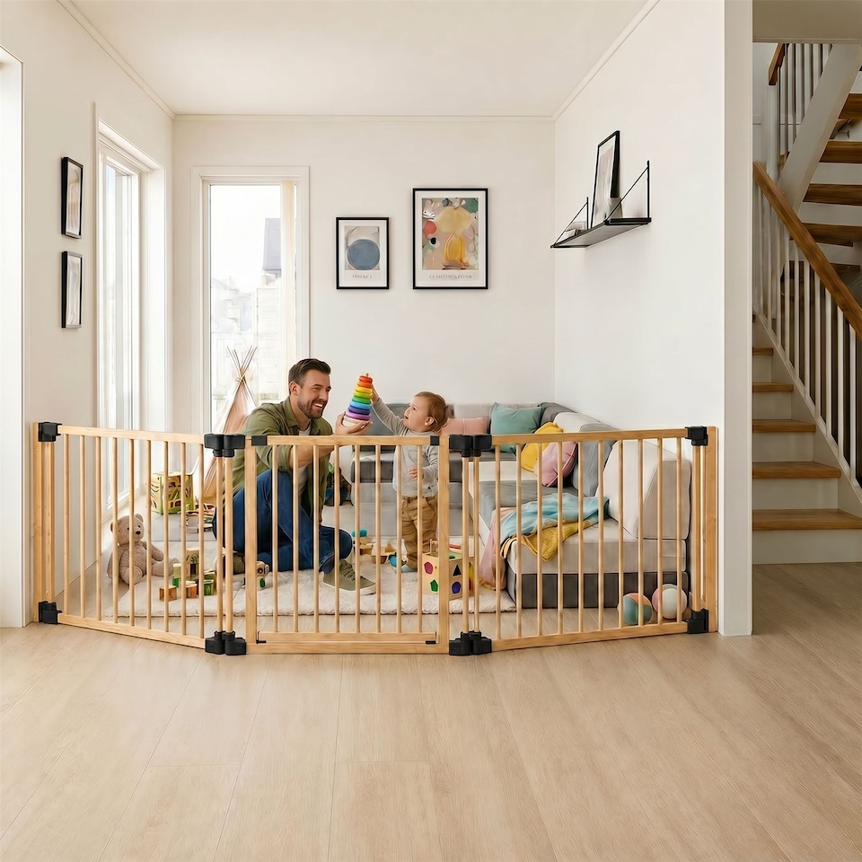 image 1 of Safetots Wooden Multi Panel Room Divider, up to 136cm, Natural Wood, 76cm Tall, Flexible Room Divider for Baby and Toddler | Cream | Natural