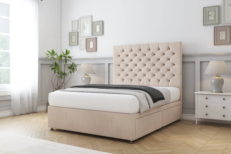 image 1 of Sloomy Mayfair Sand Naples Divan Bed Base 4 Drawers With 54 Inch Floor Standing Headboard | Cream | Sand | Small Double | 1