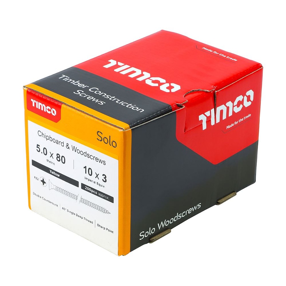 image 1 of Timco - Solo Chipboard & Woodscrews - PZ - Double Countersunk - Yellow (Size 5.0 x 80 - 200 Pieces)