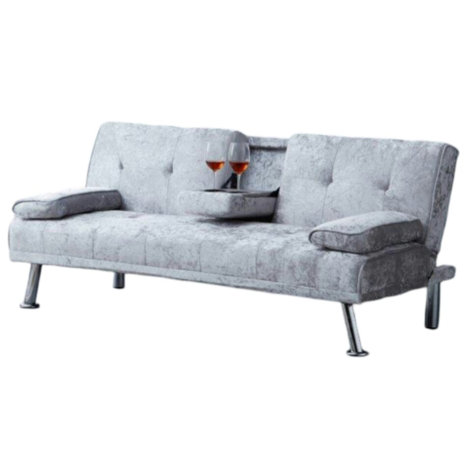 Crush Velvet Clic Clac  Luxury Sofa Bed with Drink Cup Holder In Silver