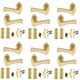 image 1 of Golden Grace 6 Pairs Wave Design Door Handles Latch on Round Rose in Electro Brass Finish with 2.5" Tubular Latch and 3" Standard Butt Hinges - 52mm Diameter Gold
