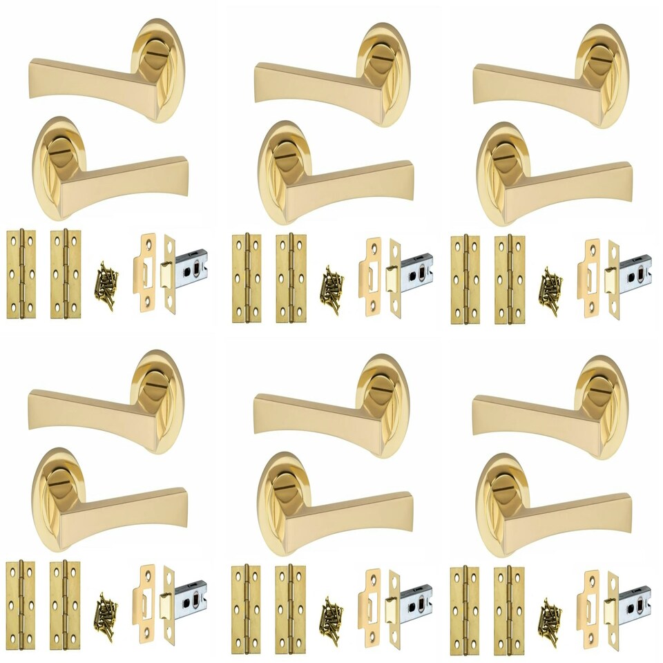 image 1 of Golden Grace 6 Pairs Wave Design Door Handles Latch on Round Rose in Electro Brass Finish with 2.5" Tubular Latch and 3" Standard Butt Hinges - 52mm Diameter Gold