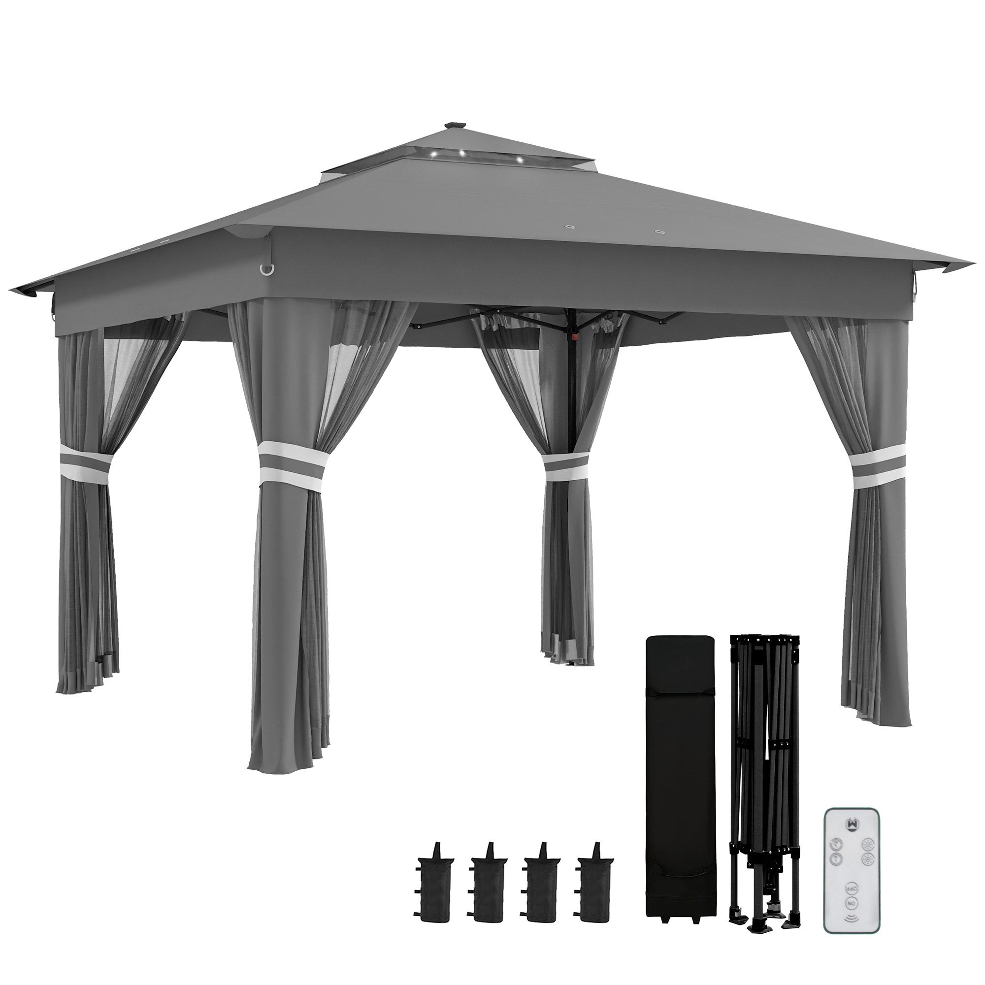 Outsunny 3.36x3.36m Pop Up Gazebo w/ Solar-Powered LED Lights Netting Grey | Grey