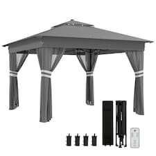 Outsunny 3.36 x 3.36m Pop Up Gazebo with Sides, 20 SolarPowered LED Lights, Netting, Roller Bag, 4 Weight Bags, Marquee Party Tent, Height Adjustable Instant Event Shelter, Grey