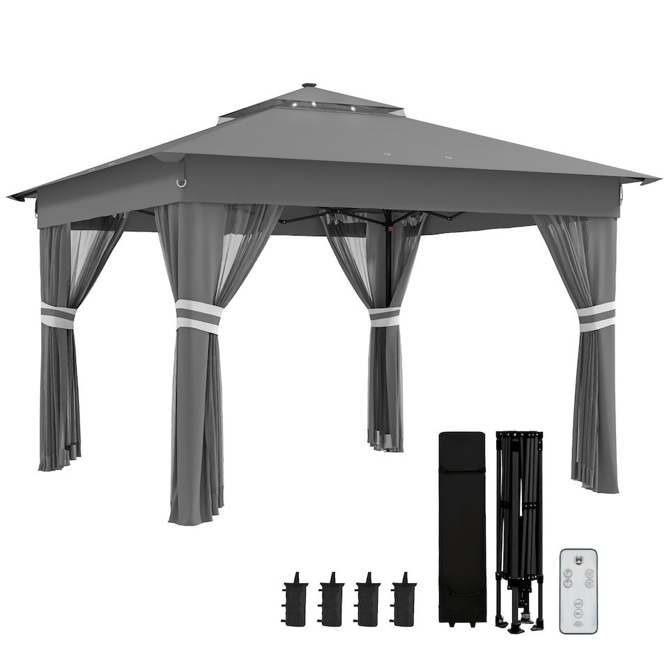 image 1 of Outsunny 3.36 x 3.36m Pop Up Gazebo with Sides, 20 SolarPowered LED Lights, Netting, Roller Bag, 4 Weight Bags, Marquee Party Tent, Height Adjustable Instant Event Shelter, Grey