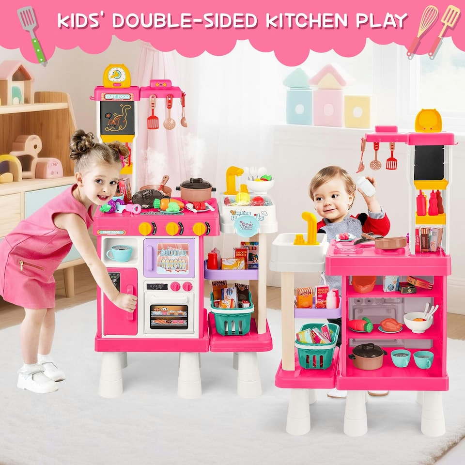 image 1 of Large Kitchen Playset for Kids (Pink) - Pretend Cooking Toy Gift for Boys & Girls
