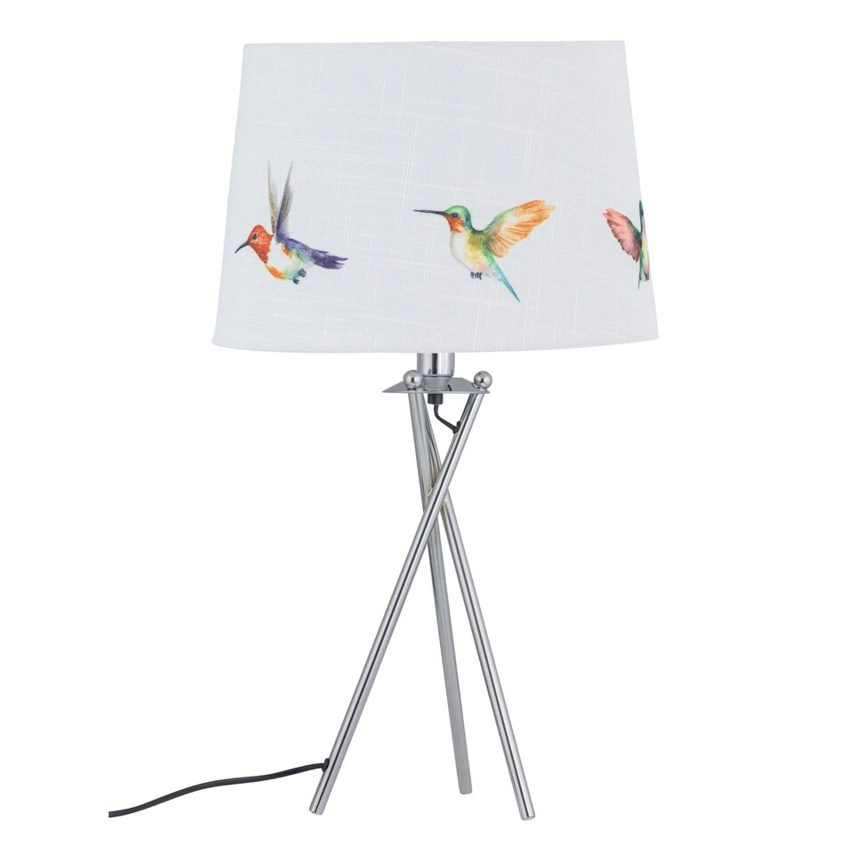 image 1 of First Choice Lighting Set of 2 Hummingbird Chrome Tripod Table Lamps with Linen Bird Print Shades Chrome | Multi