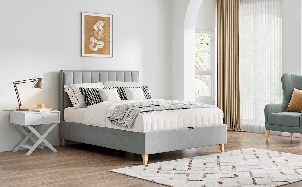 image 1 of 4ft6 Double Ottoman, Grey Velvet Fabric Upholstered,Lift Up,Storage, Pleated Bed Frame