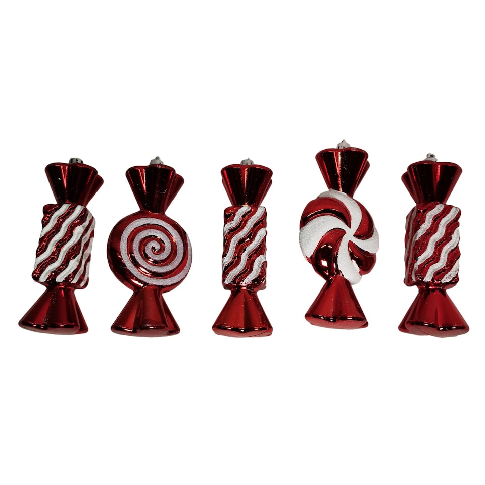 image 1 of Pack of 5 15cm Red & White Candy Stripe Sweet Shatterproof Christmas Decoration