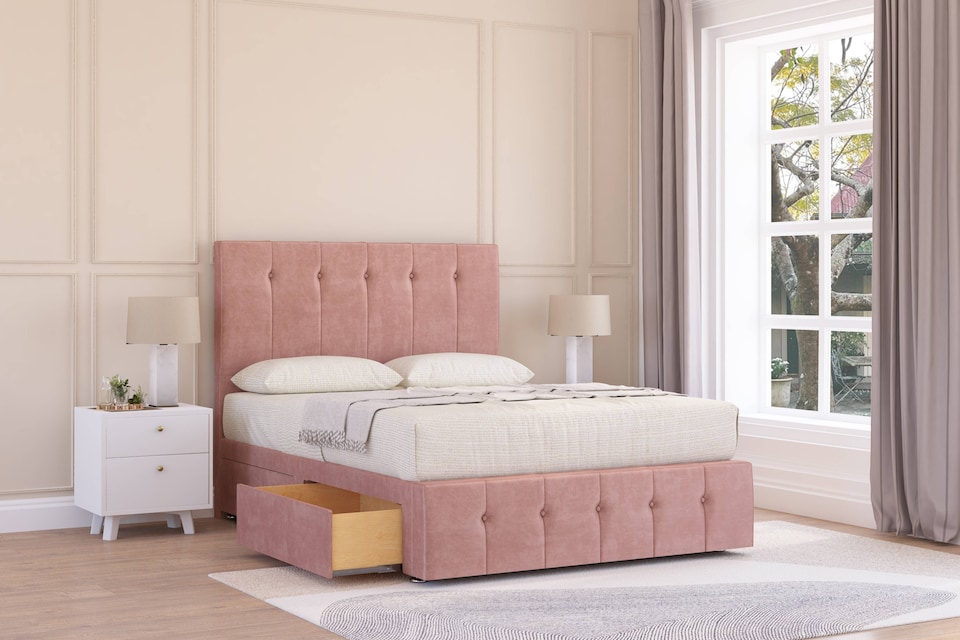 image 1 of Sloomy Cambridge Pink Plush Divan Bed Base 2 Drawers Foot-End With 54 Inch Floor Standing Headboard & 12 Inch Matching Footboard | Pink | Pink | Super King | 1