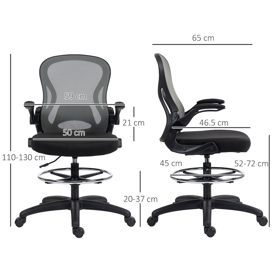 image 1 of Vinsetto Drafting Chair, Ergonomic Tall Office Chair with Flip-up Armrests, Mesh Back, Lumbar Support, Adjustable Height and Foot Ring, Swivel Wheels, for Standing Desk, Dark Grey | Grey
