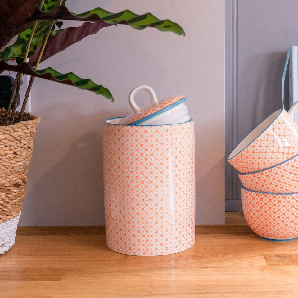 image 1 of Nicola Spring Hand-Printed Kitchen Canister - 1 Litre - Orange | Orange
