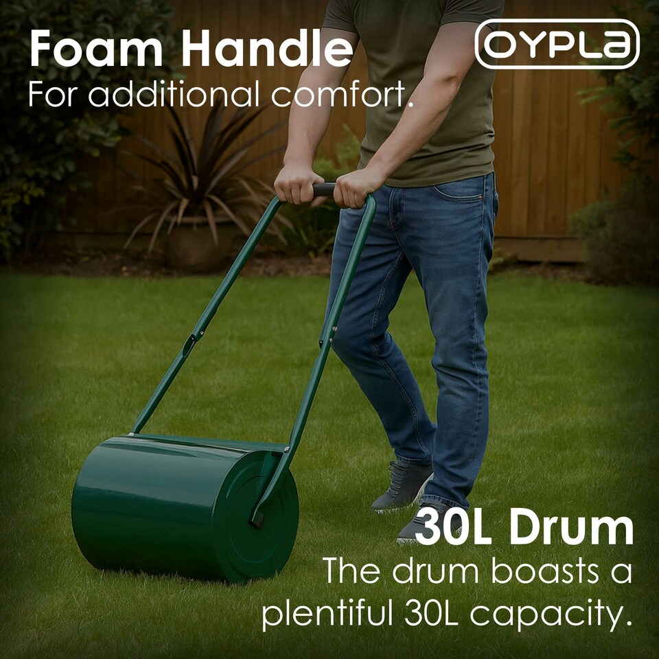 image 1 of Oypla Galvanised Garden Steel Lawn Roller 30 Litre Drum Scraper Bar & Collapsible Handle Create a Lawn Worthy of a Bowls Green