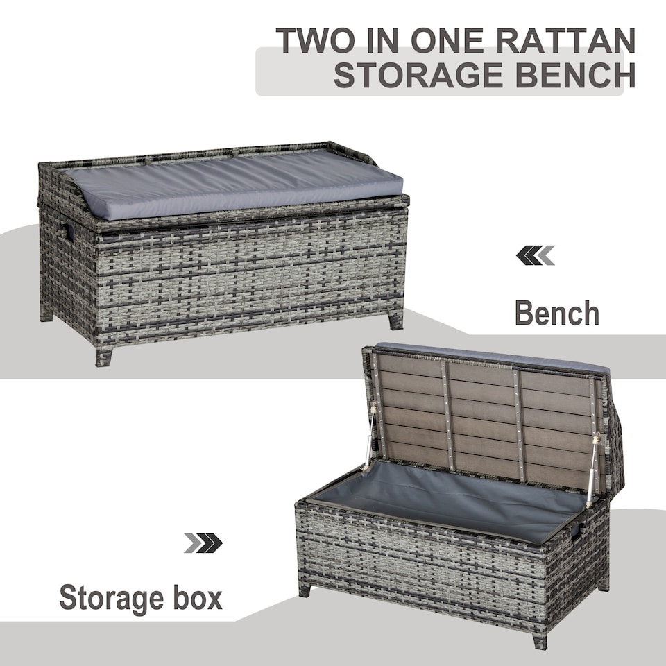 image 1 of Outsunny PE Rattan Outdoor Storage Bench, Aluminium Garden Bench with Storage Underneath with Zipped Inner Lining, Rods for Deck, Mixed Grey