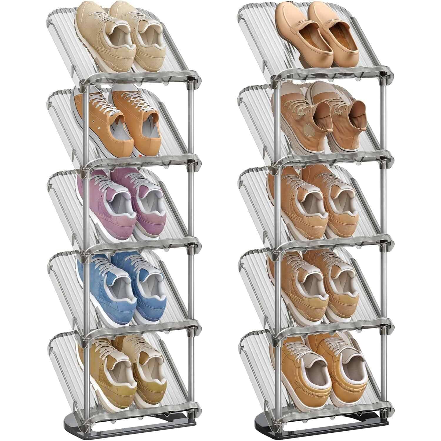 Set of 2 Slim Sloping Shoe Racks, Customisable 5 Tier Plastic Shoe Storage Organisers, Grey