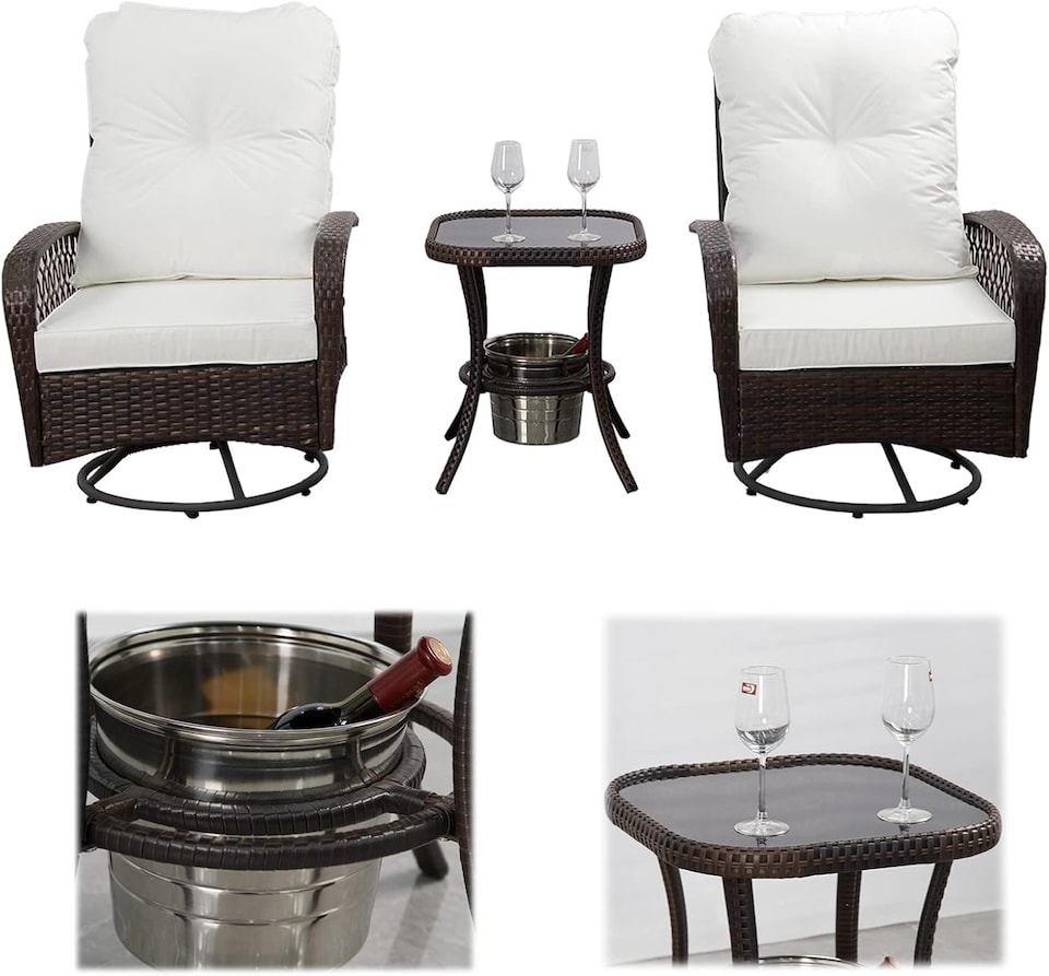 image 1 of 3 PCS Garden Furniture Set, Swivel Wicker Bistro Set with Ice Bucket Table, Upholstered Lounge Chair Set