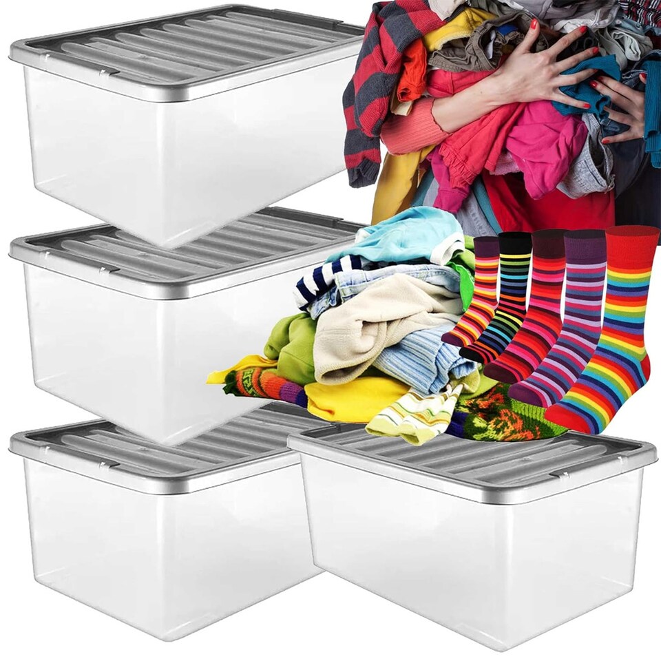 image 1 of 4 x 32 Litre Underbed Multipurpose Storage Boxes With Silver Lids