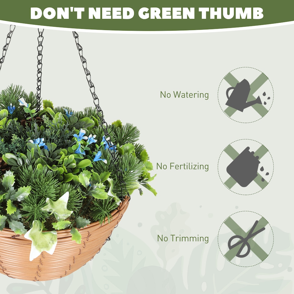 image 1 of HOMCOM Pack of 2 Faux Plant Artificial Lisianthus Flowers, Hanging Planters with Basket, PE Leaves, 18 Flowers and 3 Pinecones, Decorative Faux Plants for Home Office Decor, Green