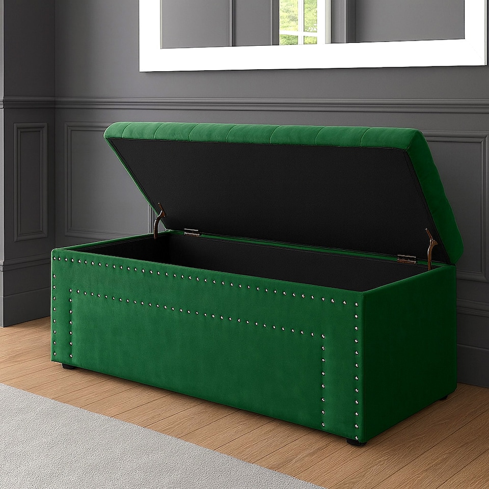 image 1 of 90cm Duke Ottoman Storage Box -Upholstered Blanket Box - Forest Green Plush Velvet Multifunctional Storage Box