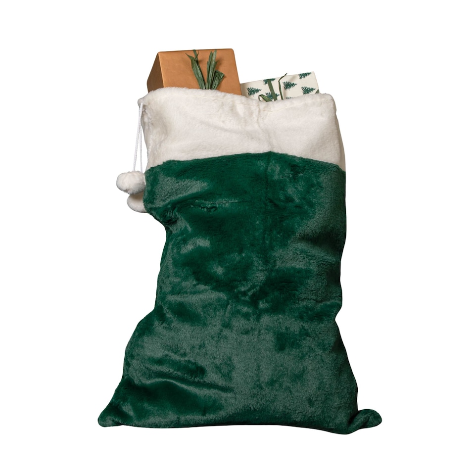 image 1 of 80x55cm Green Christmas Sack with White Cuff and Pom Poms